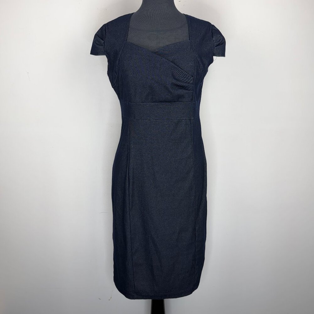 Kim & Co Navy Blue Sheath Dress L Faux Wrap Cap Sleeve Stretch Made In Canada
